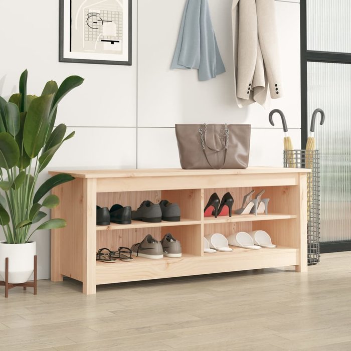 Banco zapatero de 110 x 38 x 45,5 cm, madera maciza de pino.