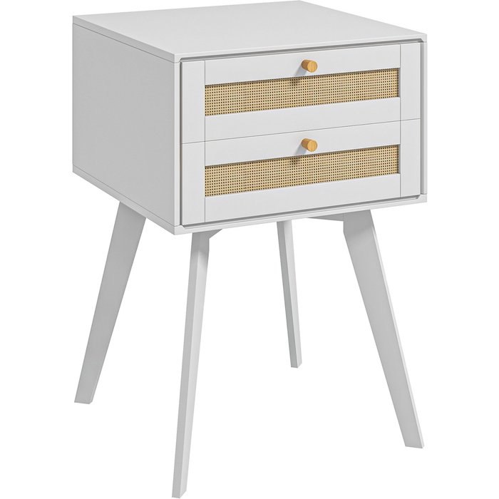 Mesita de noche blanca boho 2 cajones mimbre 40x40x60cm dormitorio