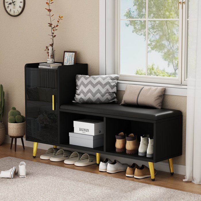 Zapatero 120x35x71,5 cm, banco con almacenaje, 2 nichos y 1 puerta, negro