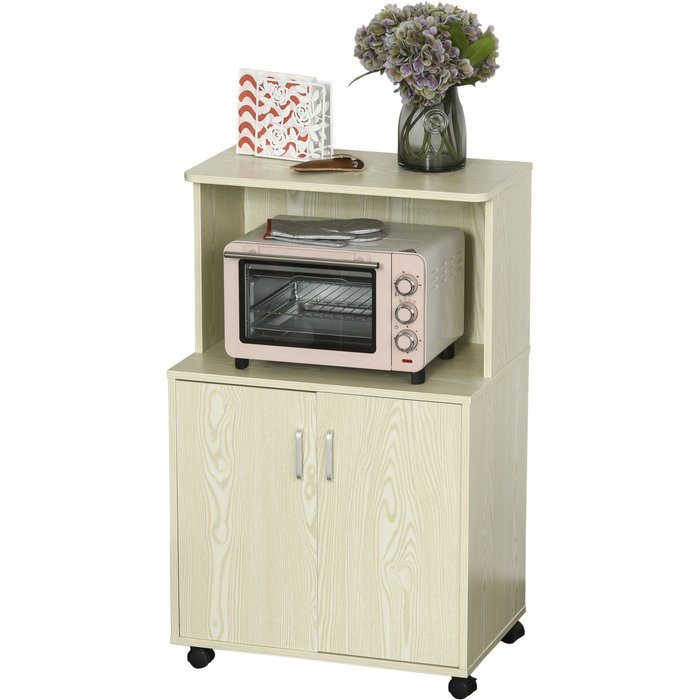 Carrito microondas roble 2 puertas ruedas estante ajustable 60x40x97cm 70kg