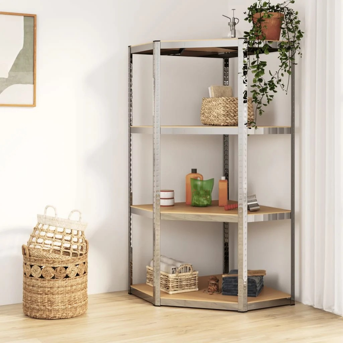 Estante esquinero de 4 niveles acero plateado y parquet