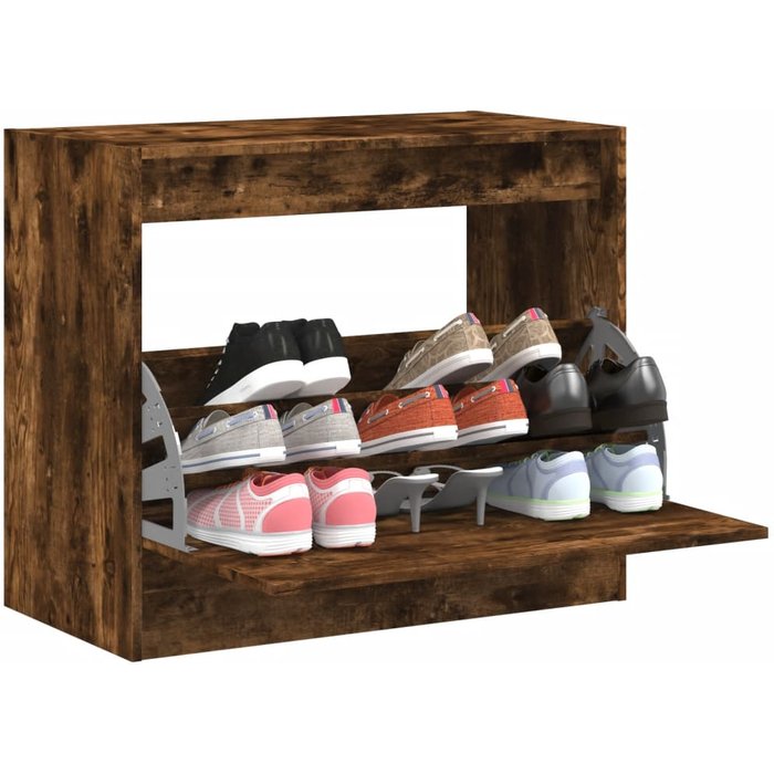 Zapatero de roble ahumado de 80x42x69 cm, fabricado en madera de ingeniería.