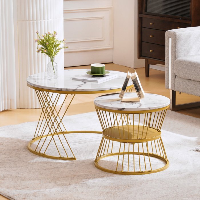 Juego de 2 mesas nido - chapa de mármol - estructura dorada - blanco