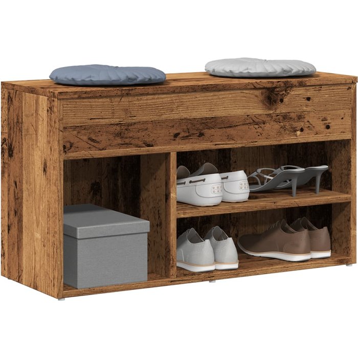 Banco zapatero de madera envejecida, 80x30x45 cm, madera de ingeniería.