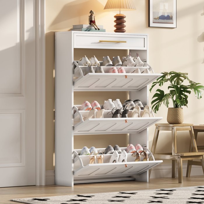 Zapatero con 3 puertas abatibles y 1 cajón - 70 x 25 x 123,5 cm - mdf - blanco