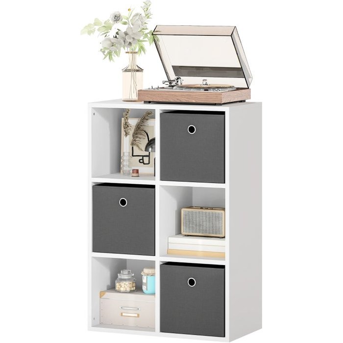Estantería de tela de 6 compartimentos y 3 cajones, versátil, gris