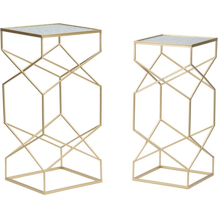 Juego de 2 mesas auxiliares de metal dorado y cristal 31,5x31,5x68-28x28x64 cm