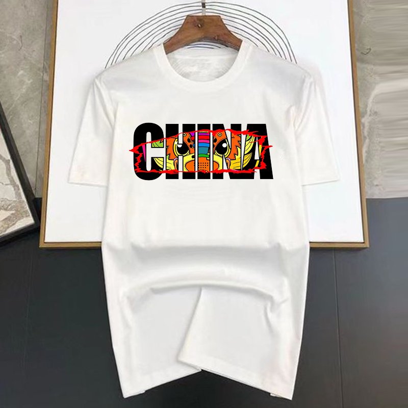 Cartoon Chinese Style Dragon Eyes Print Short Sleeved T-shirt Men Simple Y2k Sweatshirt Street Casual TShirt Woman Tops