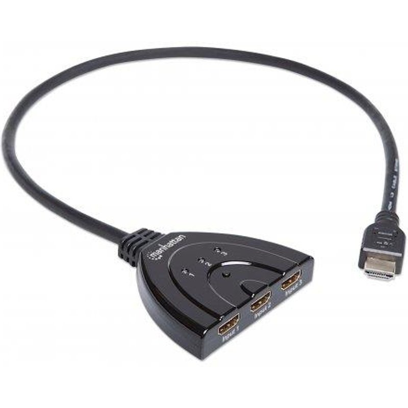 Manhattan HDMI Switch 3-Port 1080p Connects x3 HDMI sources to x1 display Manual Switching (via button) Integrated Cable (58cm) No external power required Black Three Year Warranty HDMI 1.3b Black 15 m 1080p 2.5 Gbit/s
