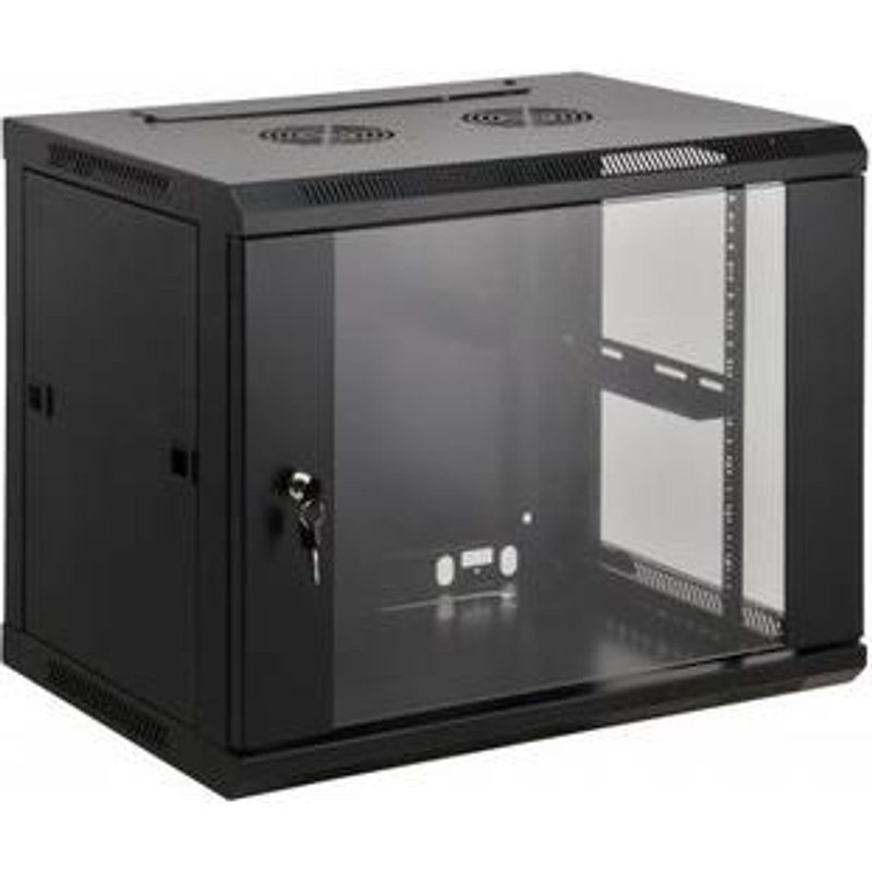 Intellinet 19" Network Cabinet - Wall Mount (Standard) 9U 450mm Deep Black Assembled Max 60kg Suitable also for use on desk or floor Usable Depth 350mm Metal & Glass Door Back Panel Removeable Sides Parts for wall install (eg screws/rawl p
