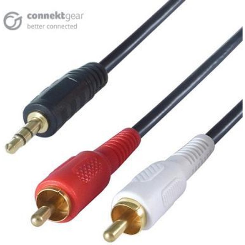 connektgear 15m 3.5mm Stereo to 2 x RCA/Phono Audio Cable - Male to Male - Gold Connectors 3.5mm Male 2 x RCA Male 15 m Black Red White