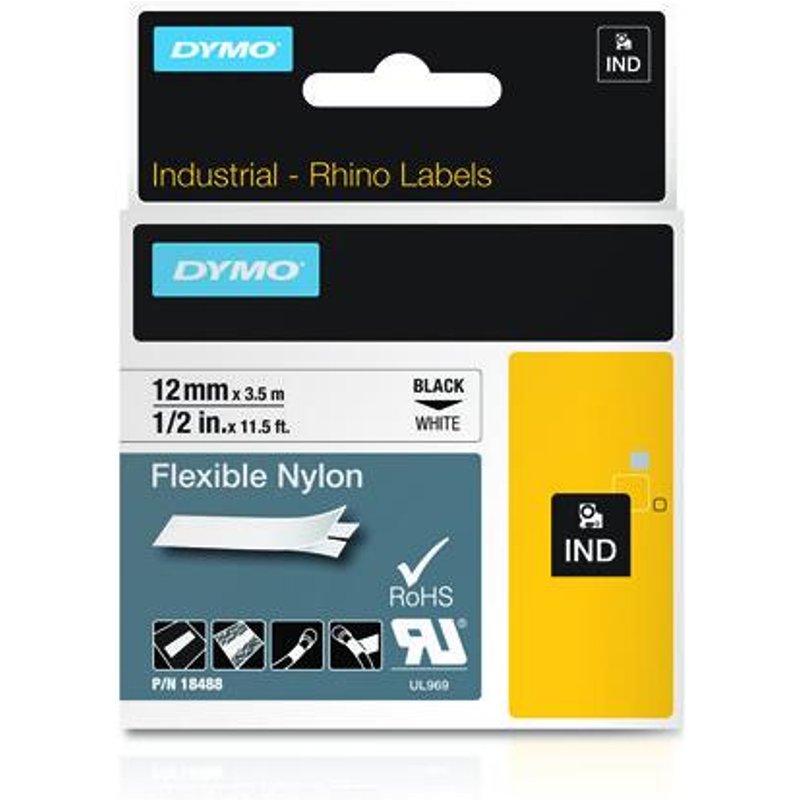 DYMO Rhino Industrial Flexible Nylon Labels | 12 mm x 3.5 m | Black Print on White | Self-Adhesive | for Rhino & LabelManager Label Makers Black on white Black Nylon Belgium Rhino Rhino IND