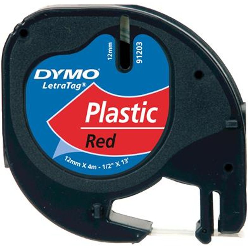 DYMO Branded LetraTag Plastic Labels | 12 mm x 4 m Roll | Black Print on Red Labels | MultipurposeSelf-Adhesive Labels for LetraTag Label Makers Black on red Polyester Belgium DYMO LetraTag 100T LetraTag 100H 1.2 cm