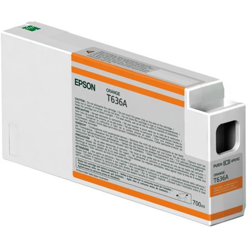 Epson Singlepack Orange T636A00 UltraChrome HDR 700 ml. Colour ink type: Pigment-based ink Supply type: Single pack Colour ink volume: 700 ml Printing colours: Orange Quantity per pack: 1 pc(s)