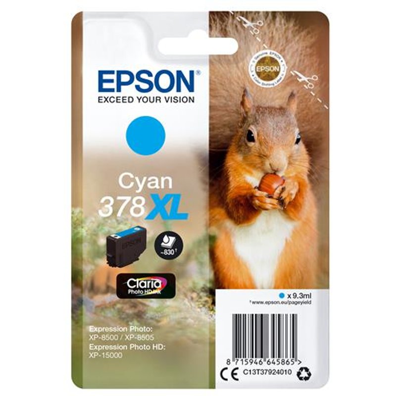 Epson Squirrel 378XL Claria Photo HD Single Cyan Ink. Cartridge capacity: High (L) Yield Supply type: Single pack Colour ink page yield: 830 pages Colour ink volume: 9.3 ml Printing colours: Cyan Quantity per pack: 1 pc(s)