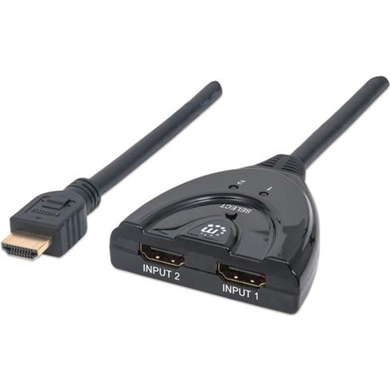 Manhattan HDMI Switch 2-Port 1080p Connects x2 HDMI sources to x1 display Manual Switching (via button) Integrated Cable (50cm) No external power required Black Three Year Warranty HDMI 2x HDMI 1.3b 1920 x 1080 pixels Black Full HD