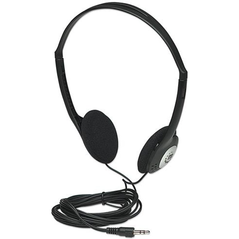Manhattan Stereo On-Ear Headphones (3.5mm) Adjustable Split Headband Foam Earpads Speaker 80W max Standard 3.5mm stereo jack/plug for audio output cable 2.2m Black Three Year Warranty