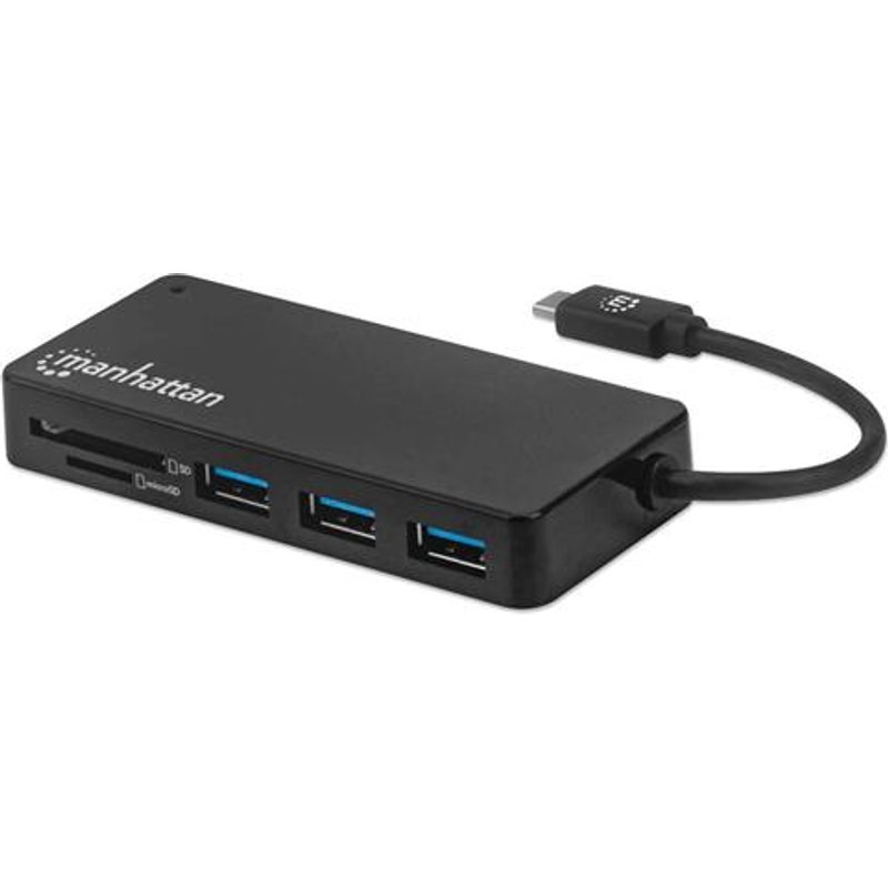 Manhattan USB-C Dock/Hub with Card Reader Ports (x3): USB-A (x3) 5 Gbps (USB 3.2 Gen1 aka USB 3.0) External Power Supply Not Needed Universal for all devices SuperSpeed USB Black Three Year Warranty USB 2.0 Type-C Black MMC MicroSD (TransF