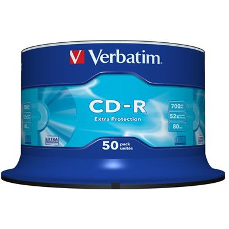 Verbatim CD-R Extra Protection. Type: CD-R CD storage capacity: 700 MB Quantity per pack: 50 pc(s). CD write speed: 52x. Package width: 125 mm Package depth: 125 mm Package height: 90 mm. Archival storage life: 40 year(s)