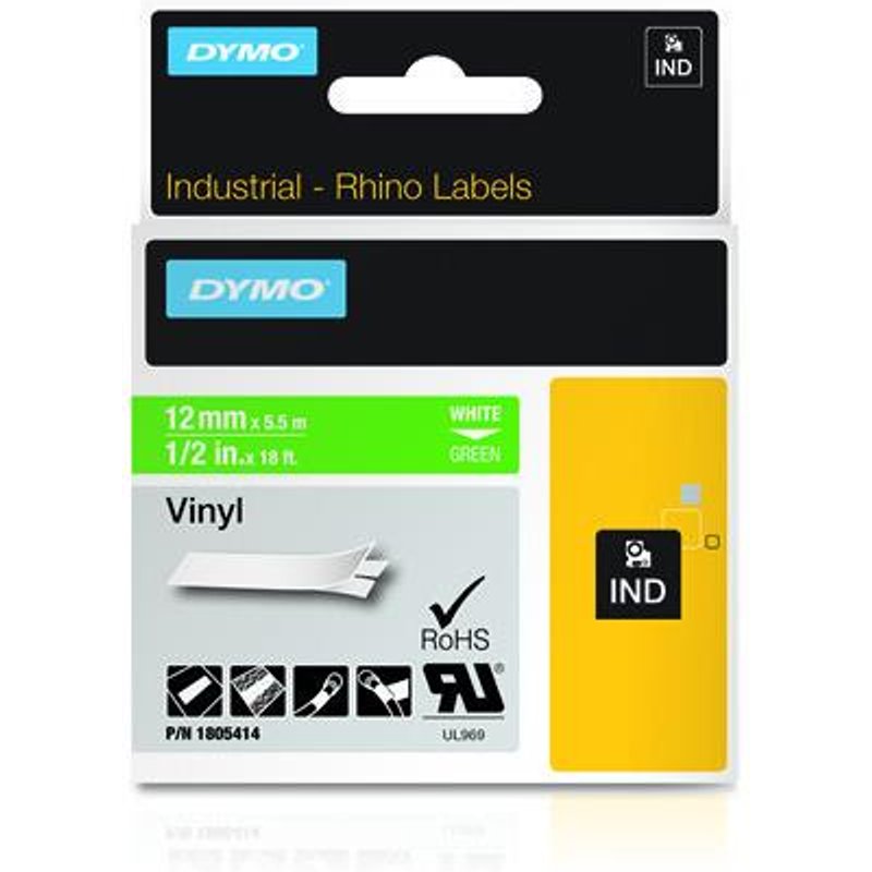 DYMO Rhino Industrial Vinyl Labels | 12 mm x 5.5 m | White Print on Green | Self-Adhesive | for Rhino & LabelManager Label Makers White on green Multicolour Vinyl -40 - 80 C UL 969 DYMO