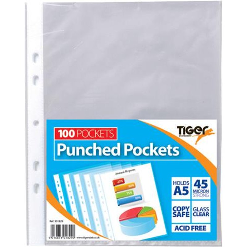 Tiger Multi Punched Pocket Polypropylene A5 45 Micron Top Opening Clear (Pack 100) - 301829