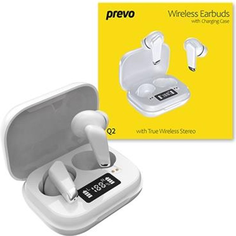 PREVO Q2 TWS Earbuds Bluetooth 5.1 Automatic Pairing Touch Control Feature with Digital LED Display Wireless Charging Case Android IOS and Windows Compatible White