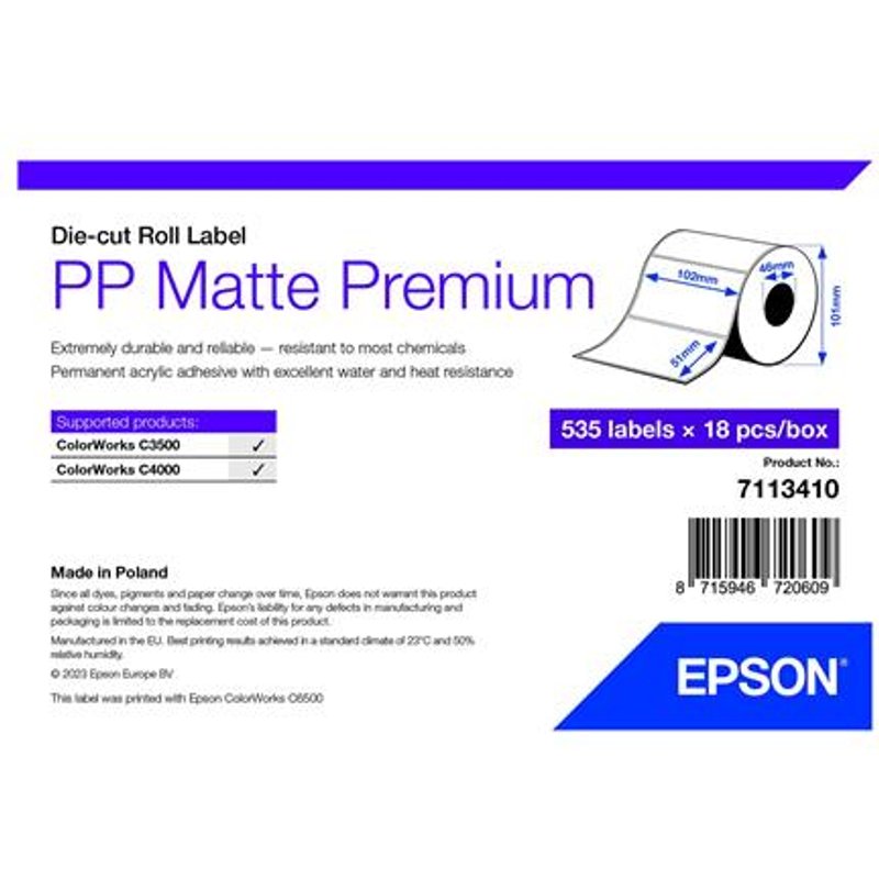 Epson PP Matte Label Premium. Die-cut Roll. 102mm x 51mm. 535 Labels