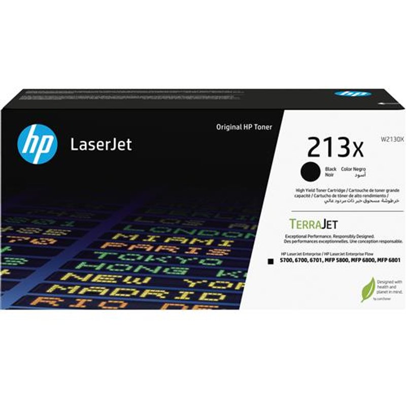 HP 213X High Yield Black Original LaserJet Toner Cartridge. Black toner page yield: 9000 pages Printing colours: Black Quantity per pack: 1 pc(s)