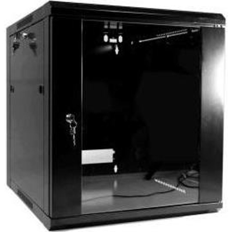 XeLAN Black 9u Wall Rack 600mm Deep with Glass front Door