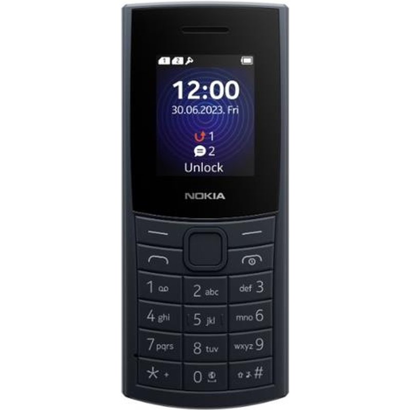 Nokia 110 4G (2023). Form factor: Bar. SIM card capability: Dual SIM. Display diagonal: 4.57 cm (1.8") Display resolution: 160 x 120 pixels. Bluetooth. FM radio. Battery capacity: 1450 mAh. Weight: 94.5 g. Product colour: Blue