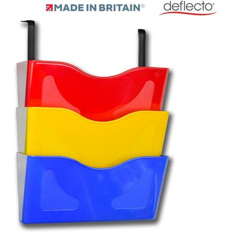 Deflecto 3 x A4 Landscape Wall Pocket Literature File with Hanging Bracket Red/Yellow/Blue - CP077YTRYB