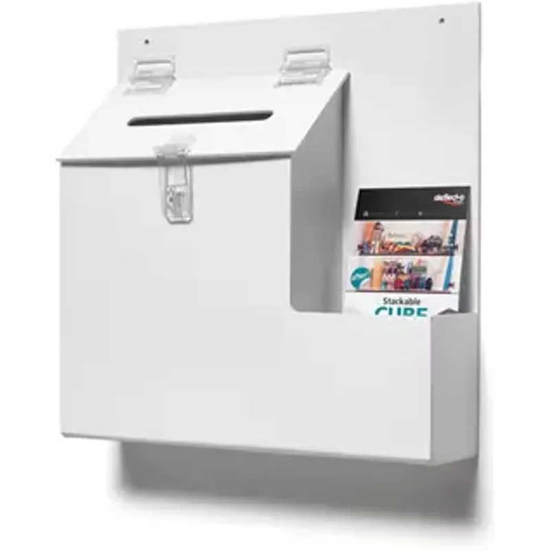 Deflecto Suggestion Box (140 x 13mm Drop Slot) With Built In 105mm Wide Leaflet Holder 355 x 360 x 90mm White - 79803