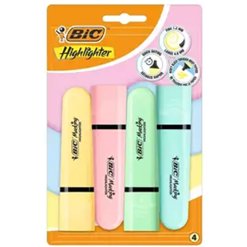 Bic Tank Highlighters Chisel Tip 1.2mm Pastel Yellow Pink Green & Blue Colours (Pack 4) - 517953