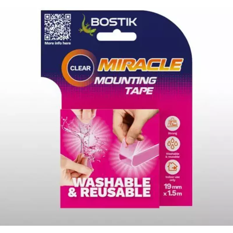 Bostik Miracle Tape Double Sided Mounting Tape Reusable 19mmx1.5m Clear - 30628185