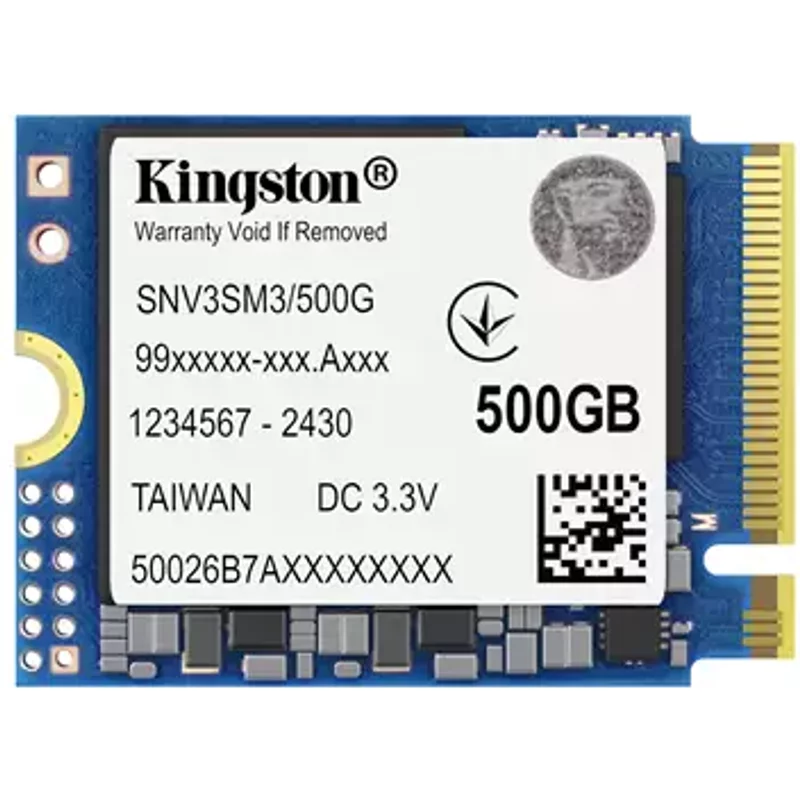Kingston Technology 500G NV3 M.2 2230 NVMe SSD. SSD capacity: 500 GB SSD form factor: M.2 Read speed: 5000 MB/s Write speed: 3000 MB/s Component for: Notebook/Game console