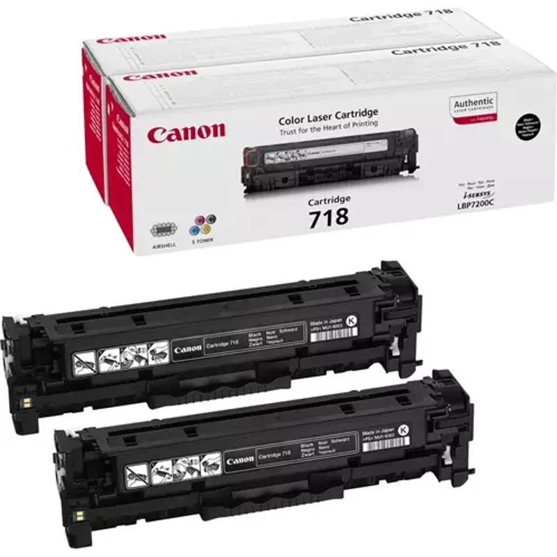 Canon CRG-718 Bk VP. Black toner page yield: 3400 pages Printing colours: Black Quantity per pack: 2 pc(s)