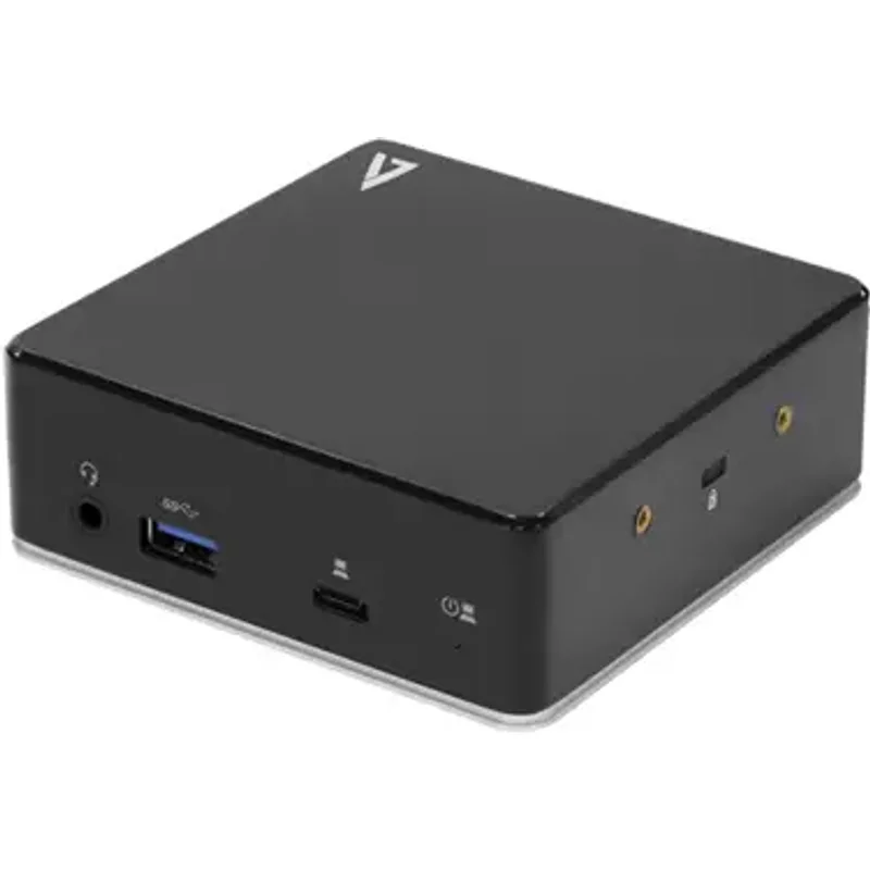 V7 Universal USB-C Docking Station w/ Dual HDMI 3.5mm Combo Audio Gigabit Ethernet 3 x USB 3.1 ports and 85W PD. Docking connector type: USB Type-C. Width: 95 mm Depth: 95 mm Height: 34 mm Weight: 180 g. Product colour: Black