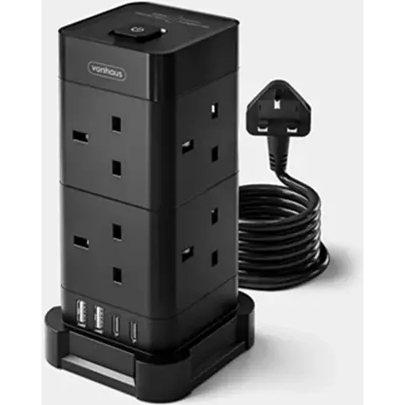 VonHaus Tower Extension Lead with USB Power Surge Protection 2M Cable Black 8 x UK Mains Sockets Three-Pin 13A Plugs Arranged Vertically With 2 Sockets On Each Of The 4 Sides