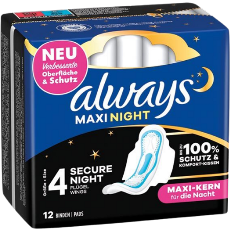 Always Maxi Night Size 4 Sanitary Pads With Wings - 12 pcs