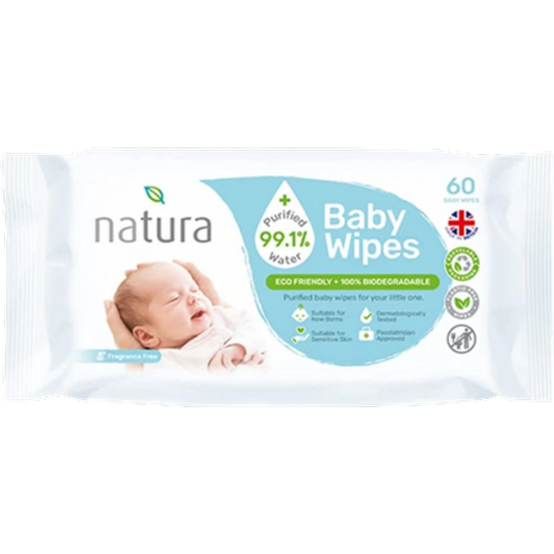 Natura Purified Water Biodegradable Duftfri Baby Wipes - 60 stk