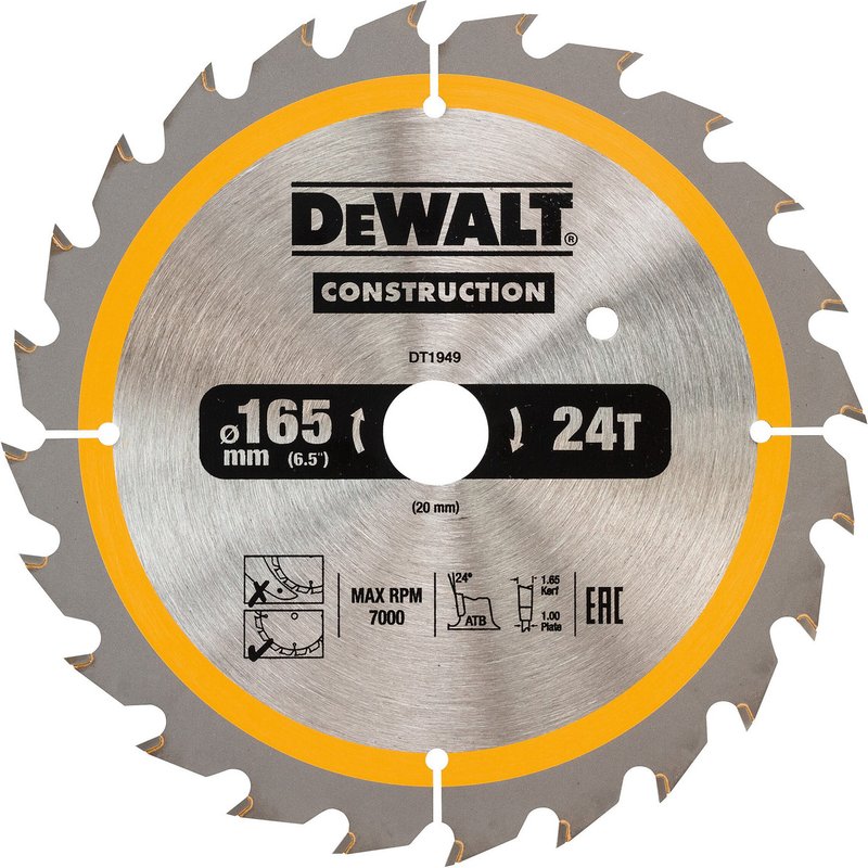 DEWALT Power Tools Cordless Construction Trim Saw Blade 165 x 20mm x 24T DT1949-QZ
