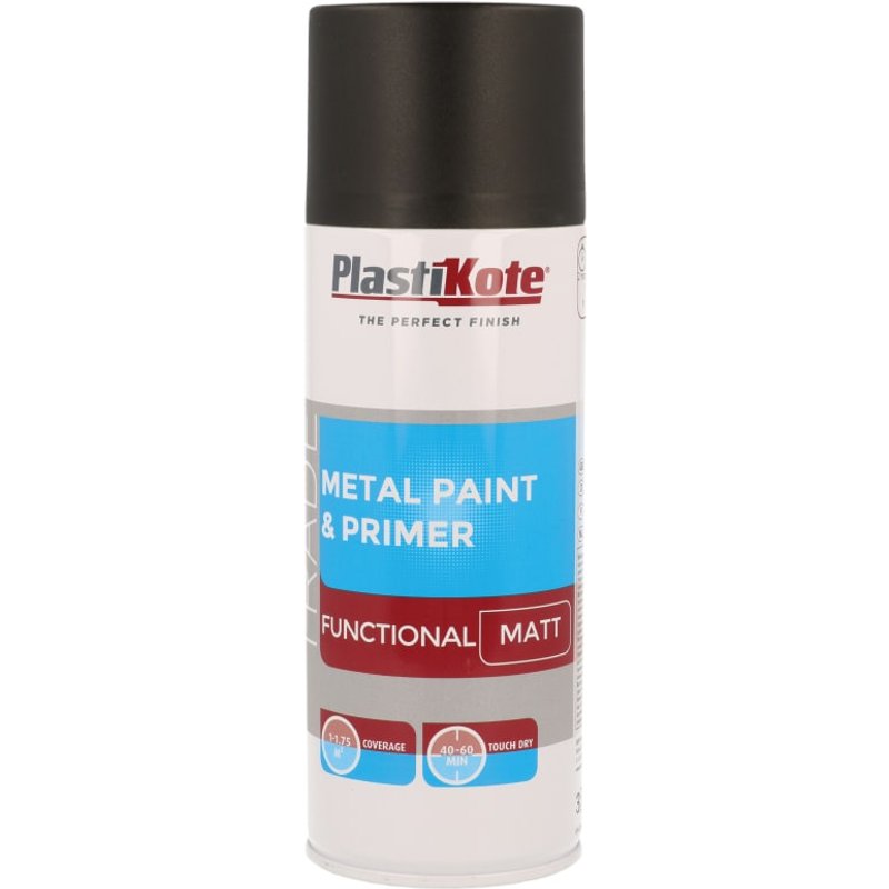 PlastiKote Trade Metal Spray Paint & Primer Matt Black 400ml 071023