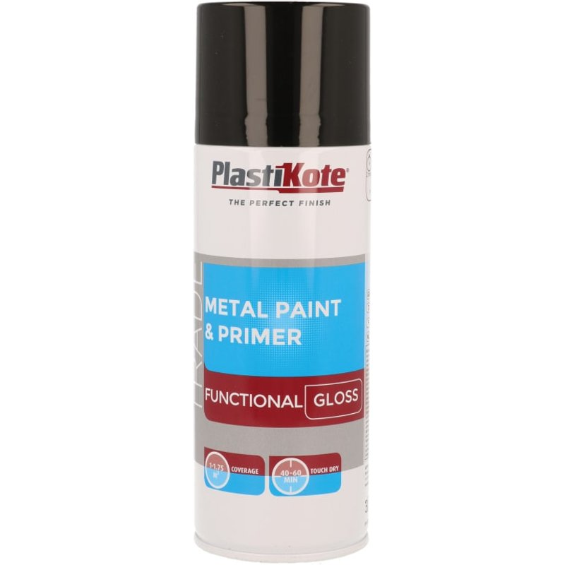 PlastiKote Trade Metal Spray Paint & Primer Gloss Black 400ml 071024
