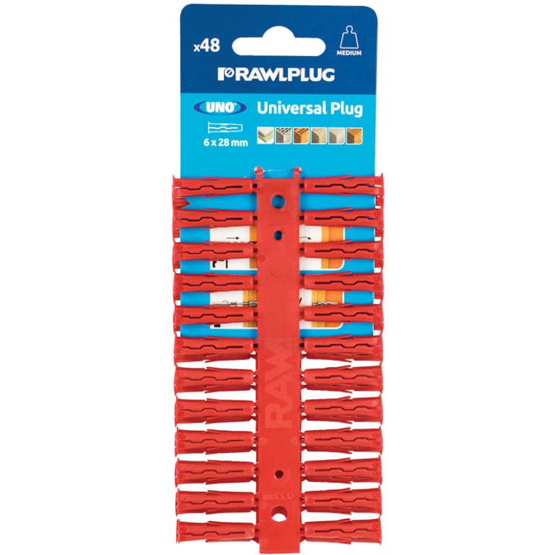 Rawlplug Red UNO® Plugs 6 x 28mm (Card 48) R-U1-RED-48-C