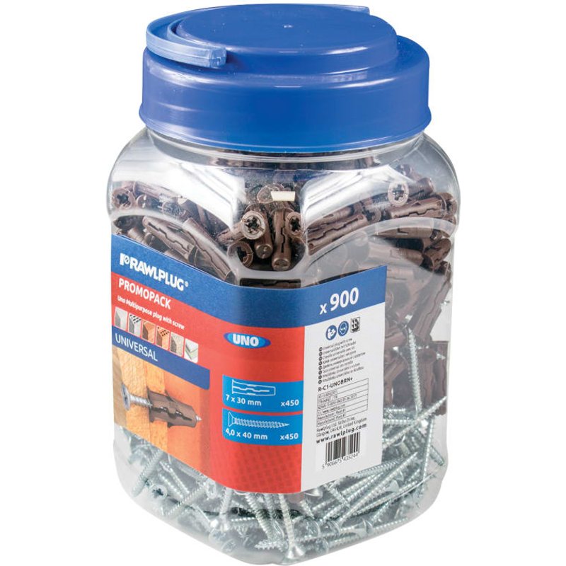 Rawlplug Brown UNO® Plugs & Screws in Jar (450 Plugs + 450 Screws) R-C1-UNOBRN+