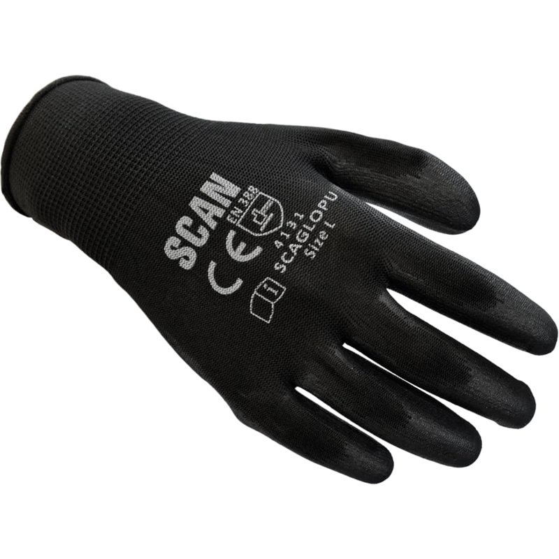 Scan Black PU Coated Gloves - L (Size 9) (200 Pairs)