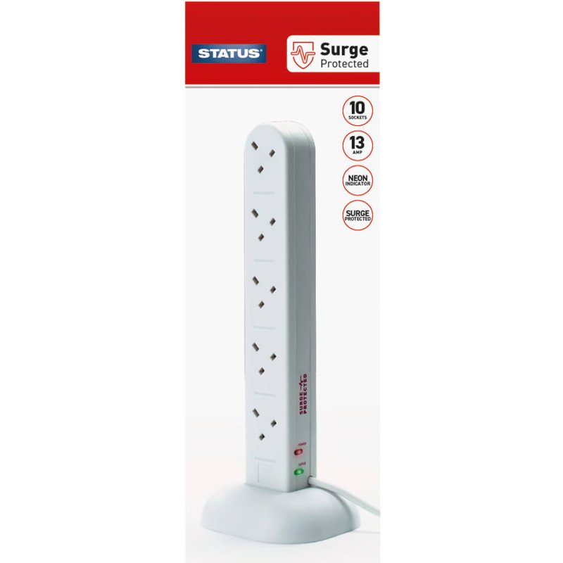STATUSĀ® Surge Protected Tower Multi Plug Extension 240V 10-Gang 13A White 2m 10WS2MTSSP2