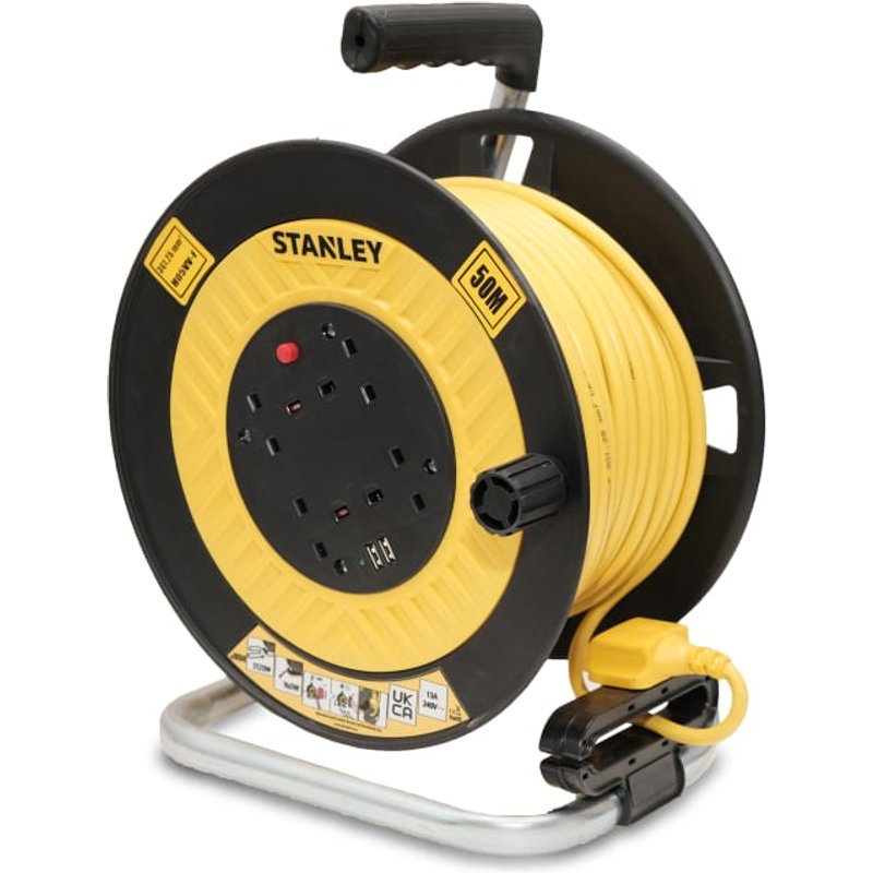 STANLEY® Electrical Open Drum Cable Reel 240V 13A 4-Socket + 2 USB 50m SXECGL2OHXE