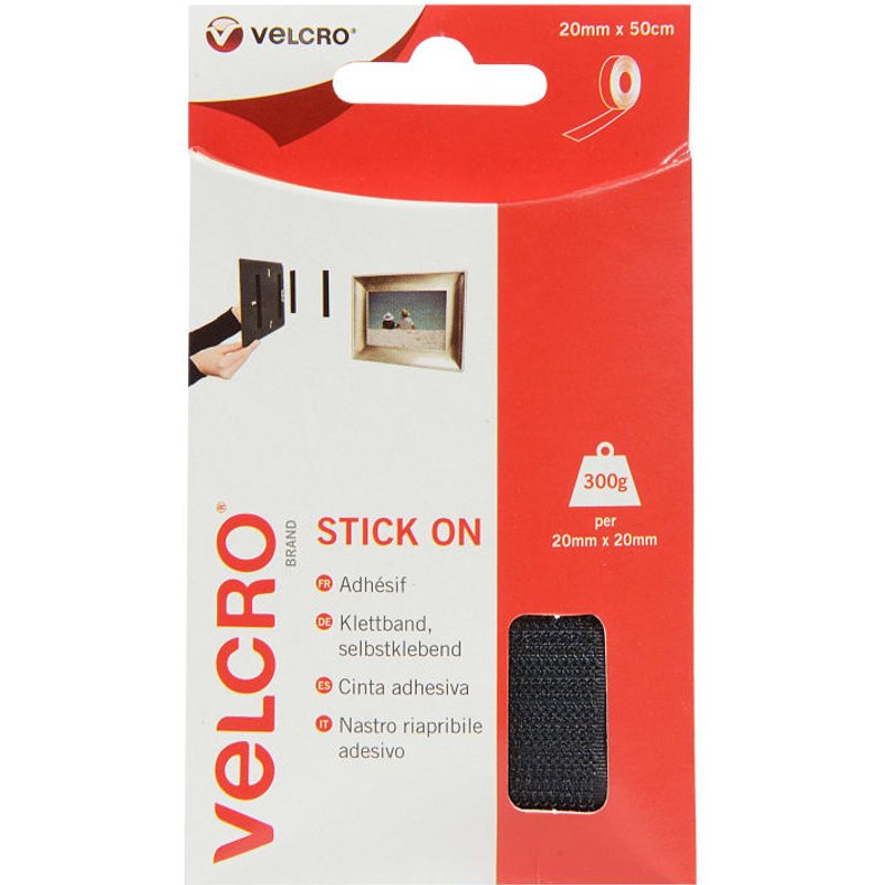 VELCRO® Brand Stick On Tape Black 20mm x 50cm 60225 VEL-EC60225