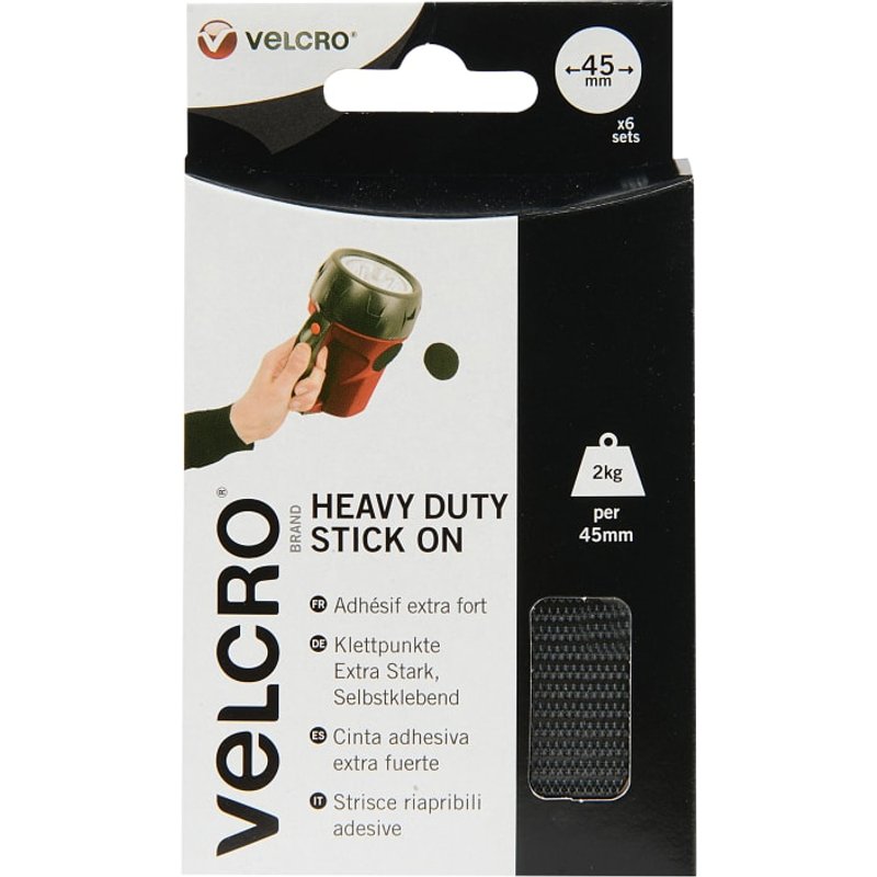 VELCRO® Brand Heavy-Duty Stick On Coin 45mm x 6 Sets Black 60248 VEL-EC60248